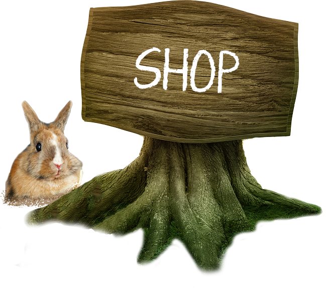 Rabbit by tree trunk shop sign