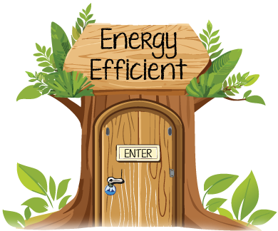 tree trunk door with Energy Efficient sign
