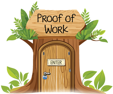 tree trunk with Proof of work sign
