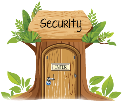tree trunk door with Security sign